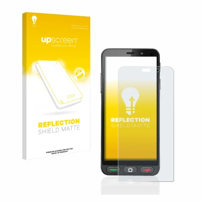 Parte frontal de un envase de producto con el logotipo de la marca upscreen. Al lado se muestra el dispositivo Brondi Amico S 