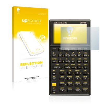 Parte frontal de un envase de producto con el logotipo de la marca upscreen. Al lado se muestra el dispositivo SwissMicros DM4