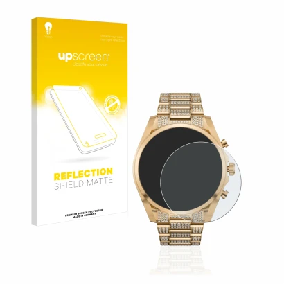 Parte frontal de un envase de producto con el logotipo de la marca upscreen. Al lado se muestra el dispositivo Michael Kors Ac