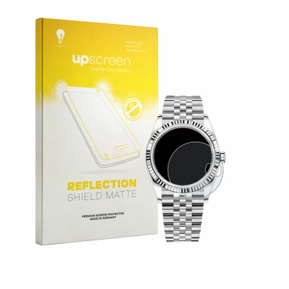 Parte frontal de un envase de producto con el logotipo de la marca upscreen. Al lado se muestra el dispositivo Rolex Datejust