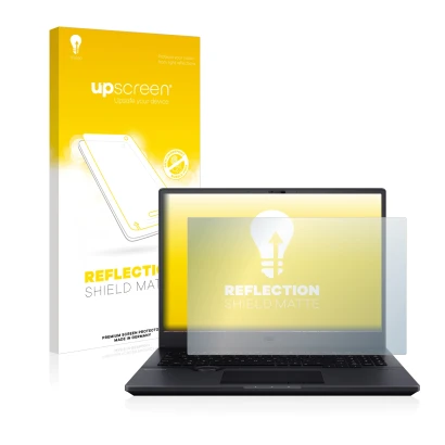 Parte frontal de un envase de producto con el logotipo de la marca upscreen. Al lado se muestra el dispositivo ASUS ProArt Stu