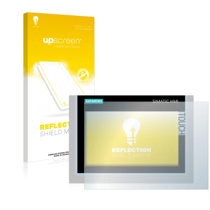 Parte frontal de un envase de producto con el logotipo de la marca upscreen. Al lado se muestra el dispositivo Siemens Simatic