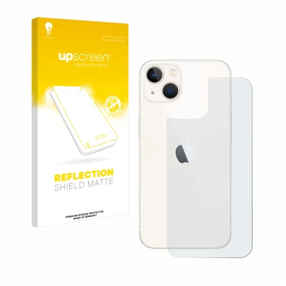Parte frontal de un envase de producto con el logotipo de la marca upscreen. Al lado se muestra el dispositivo Apple iPhone 13