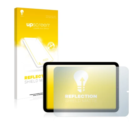 Parte frontal de un envase de producto con el logotipo de la marca upscreen. Al lado se muestra el dispositivo Apple iPad Mini