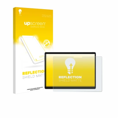 Parte frontal de un envase de producto con el logotipo de la marca upscreen. Al lado se muestra el dispositivo Dell Latitude 7