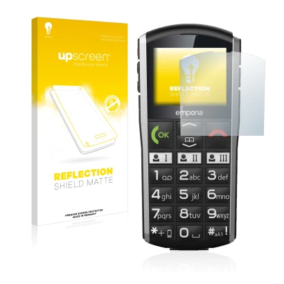 Parte frontal de un envase de producto con el logotipo de la marca upscreen. Al lado se muestra el dispositivo Emporia Simplic