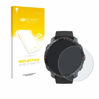 Parte frontal de un envase de producto con el logotipo de la marca upscreen. Al lado se muestra el dispositivo Polar Grit X Pr