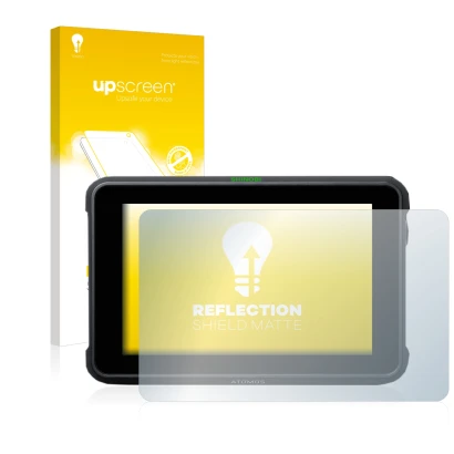 Parte frontal de un envase de producto con el logotipo de la marca upscreen. Al lado se muestra el dispositivo Atomos Shinobi