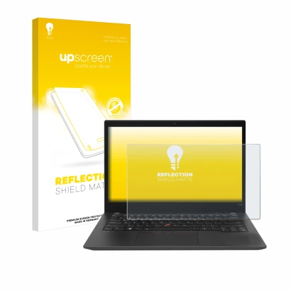 Parte frontal de un envase de producto con el logotipo de la marca upscreen. Al lado se muestra el dispositivo Lenovo ThinkPad