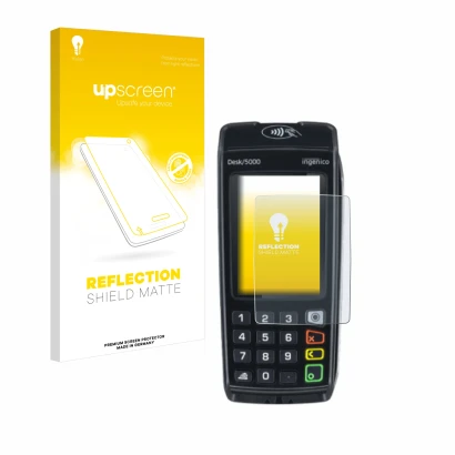 Parte frontal de un envase de producto con el logotipo de la marca upscreen. Al lado se muestra el dispositivo ingenico Desk/5