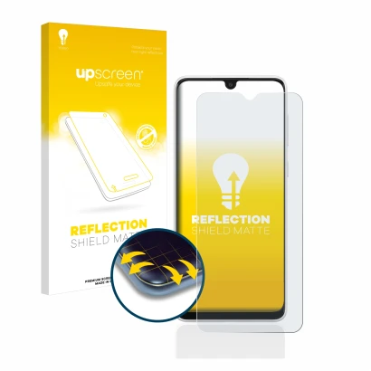 Parte frontal de un envase de producto con el logotipo de la marca upscreen. Al lado se muestra el dispositivo Samsung Galaxy