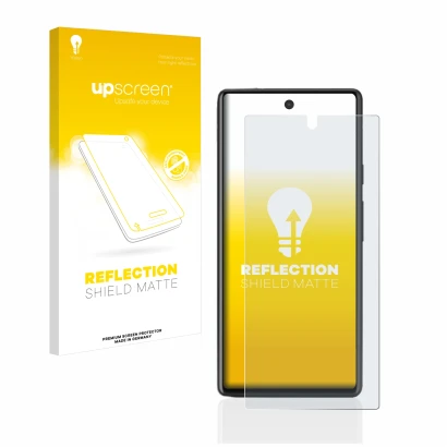 Parte frontal de un envase de producto con el logotipo de la marca upscreen. Al lado se muestra el dispositivo Google Pixel 6a