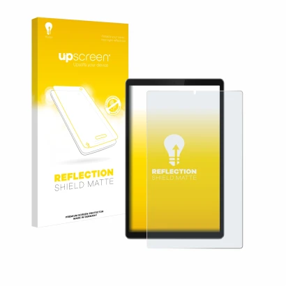 Parte frontal de un envase de producto con el logotipo de la marca upscreen. Al lado se muestra el dispositivo Lenovo Tab TB-X