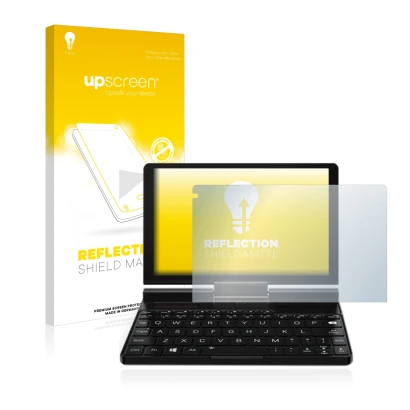 Parte frontal de un envase de producto con el logotipo de la marca upscreen. Al lado se muestra el dispositivo GPD Pocket 3 co