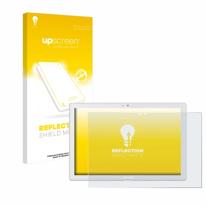 Parte frontal de un envase de producto con el logotipo de la marca upscreen. Al lado se muestra el dispositivo Archos T101 4G 