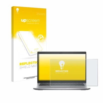 Parte frontal de un envase de producto con el logotipo de la marca upscreen. Al lado se muestra el dispositivo Dell Latitude 5