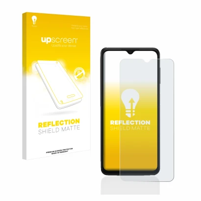 Parte frontal de un envase de producto con el logotipo de la marca upscreen. Al lado se muestra el dispositivo Samsung Galaxy 
