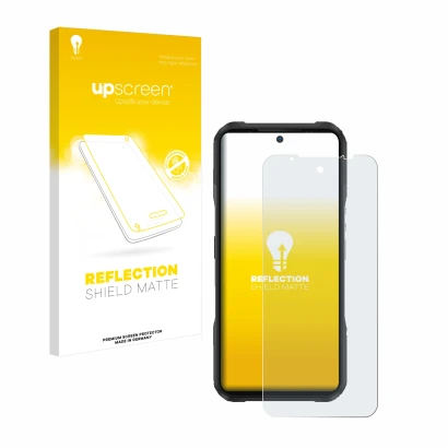 Parte frontal de un envase de producto con el logotipo de la marca upscreen. Al lado se muestra el dispositivo Doogee V20 con 