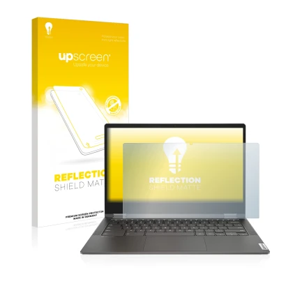 Parte frontal de un envase de producto con el logotipo de la marca upscreen. Al lado se muestra el dispositivo Lenovo IdeaPad 