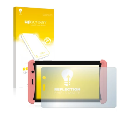 Parte frontal de un envase de producto con el logotipo de la marca upscreen. Al lado se muestra el dispositivo Kurio Tab Lite