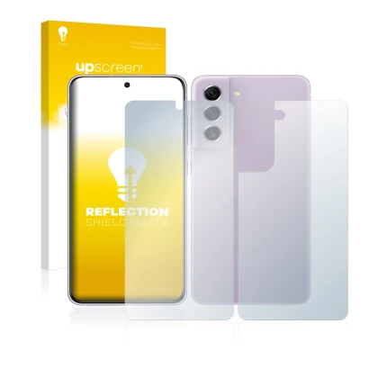 Parte frontal de un envase de producto con el logotipo de la marca upscreen. Al lado se muestra el dispositivo Samsung Galaxy 