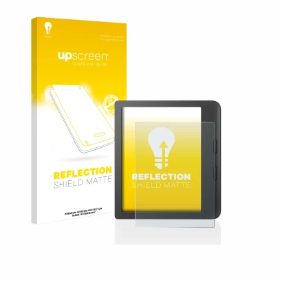 Parte frontal de un envase de producto con el logotipo de la marca upscreen. Al lado se muestra el dispositivo Tolino Vision 6