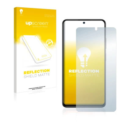 Parte frontal de un envase de producto con el logotipo de la marca upscreen. Al lado se muestra el dispositivo Xiaomi Redmi No