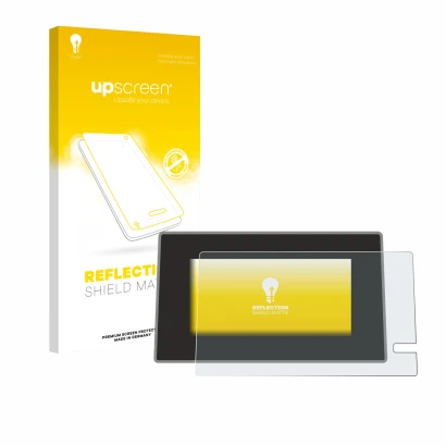 Parte frontal de un envase de producto con el logotipo de la marca upscreen. Al lado se muestra el dispositivo Renault Trafic 