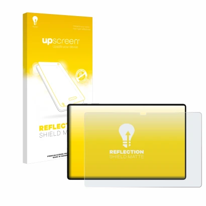 Parte frontal de un envase de producto con el logotipo de la marca upscreen. Al lado se muestra el dispositivo Samsung Galaxy 