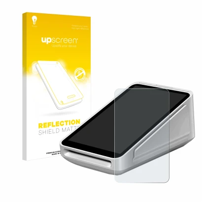Parte frontal de un envase de producto con el logotipo de la marca upscreen. Al lado se muestra el dispositivo Square Terminal