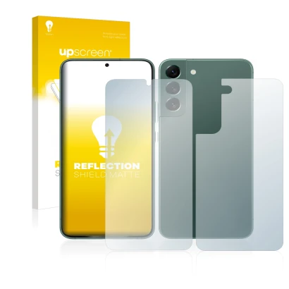 Parte frontal de un envase de producto con el logotipo de la marca upscreen. Al lado se muestra el dispositivo Samsung Galaxy