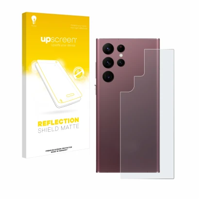 Parte frontal de un envase de producto con el logotipo de la marca upscreen. Al lado se muestra el dispositivo Samsung Galaxy 