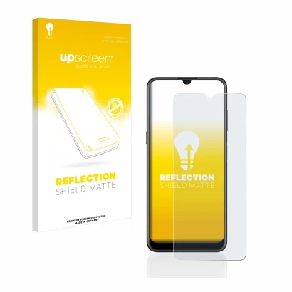 Parte frontal de un envase de producto con el logotipo de la marca upscreen. Al lado se muestra el dispositivo Nokia G21 con s