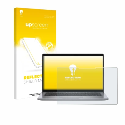 Parte frontal de un envase de producto con el logotipo de la marca upscreen. Al lado se muestra el dispositivo Dell Latitude 7