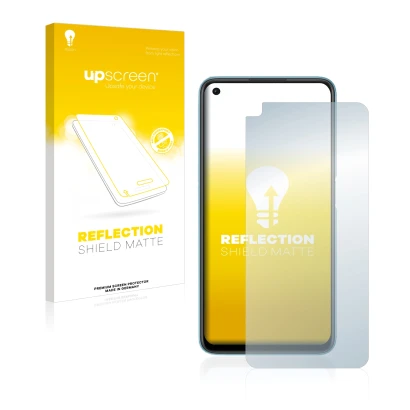 Parte frontal de un envase de producto con el logotipo de la marca upscreen. Al lado se muestra el dispositivo Oppo A76 con su