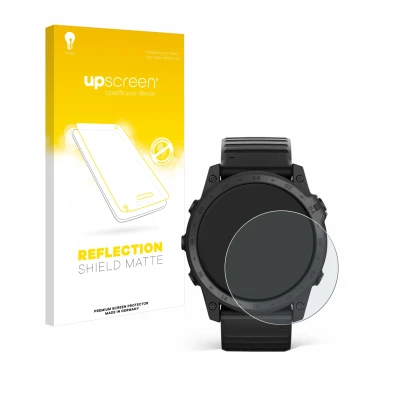 Parte frontal de un envase de producto con el logotipo de la marca upscreen. Al lado se muestra el dispositivo Garmin Tactix 7