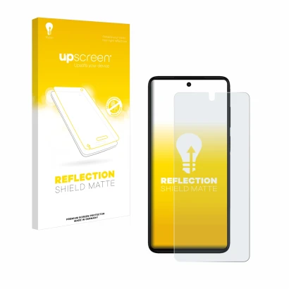 Parte frontal de un envase de producto con el logotipo de la marca upscreen. Al lado se muestra el dispositivo Motorola Moto G