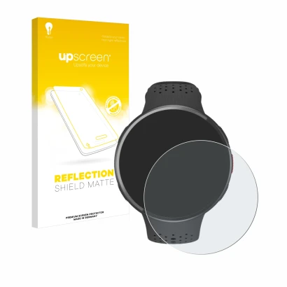 Parte frontal de un envase de producto con el logotipo de la marca upscreen. Al lado se muestra el dispositivo Polar Pacer Pro