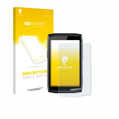 Parte frontal de un envase de producto con el logotipo de la marca upscreen. Al lado se muestra el dispositivo Crosscall Core 