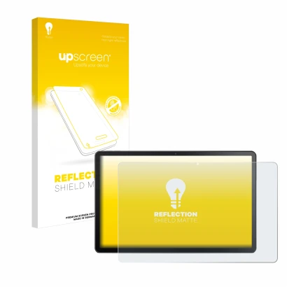 Parte frontal de un envase de producto con el logotipo de la marca upscreen. Al lado se muestra el dispositivo Lenovo Tab M10