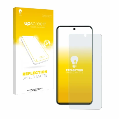 Parte frontal de un envase de producto con el logotipo de la marca upscreen. Al lado se muestra el dispositivo OnePlus 10R con