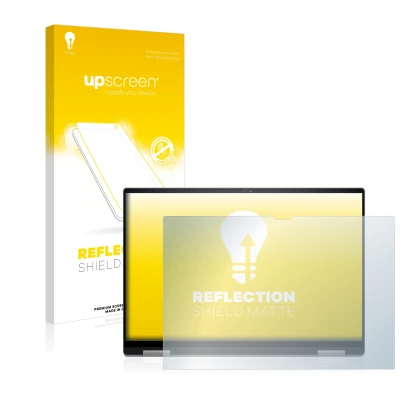 Parte frontal de un envase de producto con el logotipo de la marca upscreen. Al lado se muestra el dispositivo Dell Inspiron 1