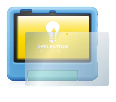 Imagen del dispositivo Amazon Fire 7 Kids 2022 con una amplia variedad de protectores de pantalla.