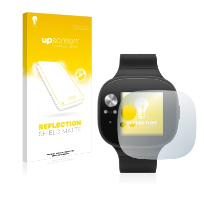 Parte frontal de un envase de producto con el logotipo de la marca upscreen. Al lado se muestra el dispositivo ASUS Vivowatch