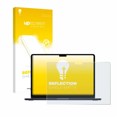 Parte frontal de un envase de producto con el logotipo de la marca upscreen. Al lado se muestra el dispositivo Apple MacBook A