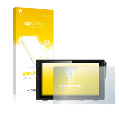 Parte frontal de un envase de producto con el logotipo de la marca upscreen. Al lado se muestra el dispositivo XP-Pen Artist 2