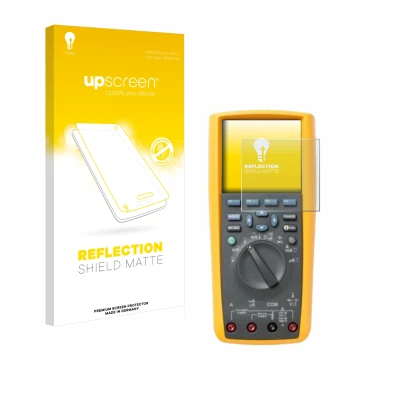 Parte frontal de un envase de producto con el logotipo de la marca upscreen. Al lado se muestra el dispositivo Fluke 287 con s