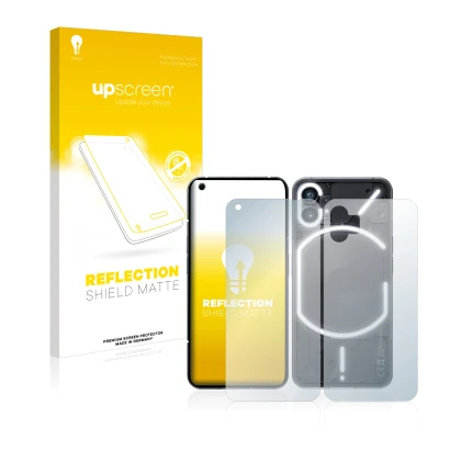 Parte frontal de un envase de producto con el logotipo de la marca upscreen. Al lado se muestra el dispositivo Nothing Phone (