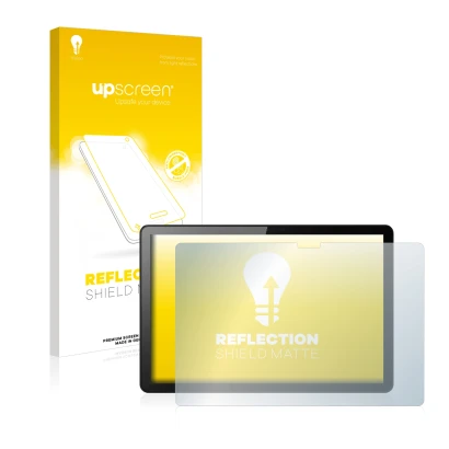 Parte frontal de un envase de producto con el logotipo de la marca upscreen. Al lado se muestra el dispositivo Lenovo Tab M10 