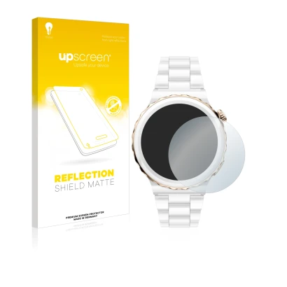 Parte frontal de un envase de producto con el logotipo de la marca upscreen. Al lado se muestra el dispositivo Huawei Watch GT